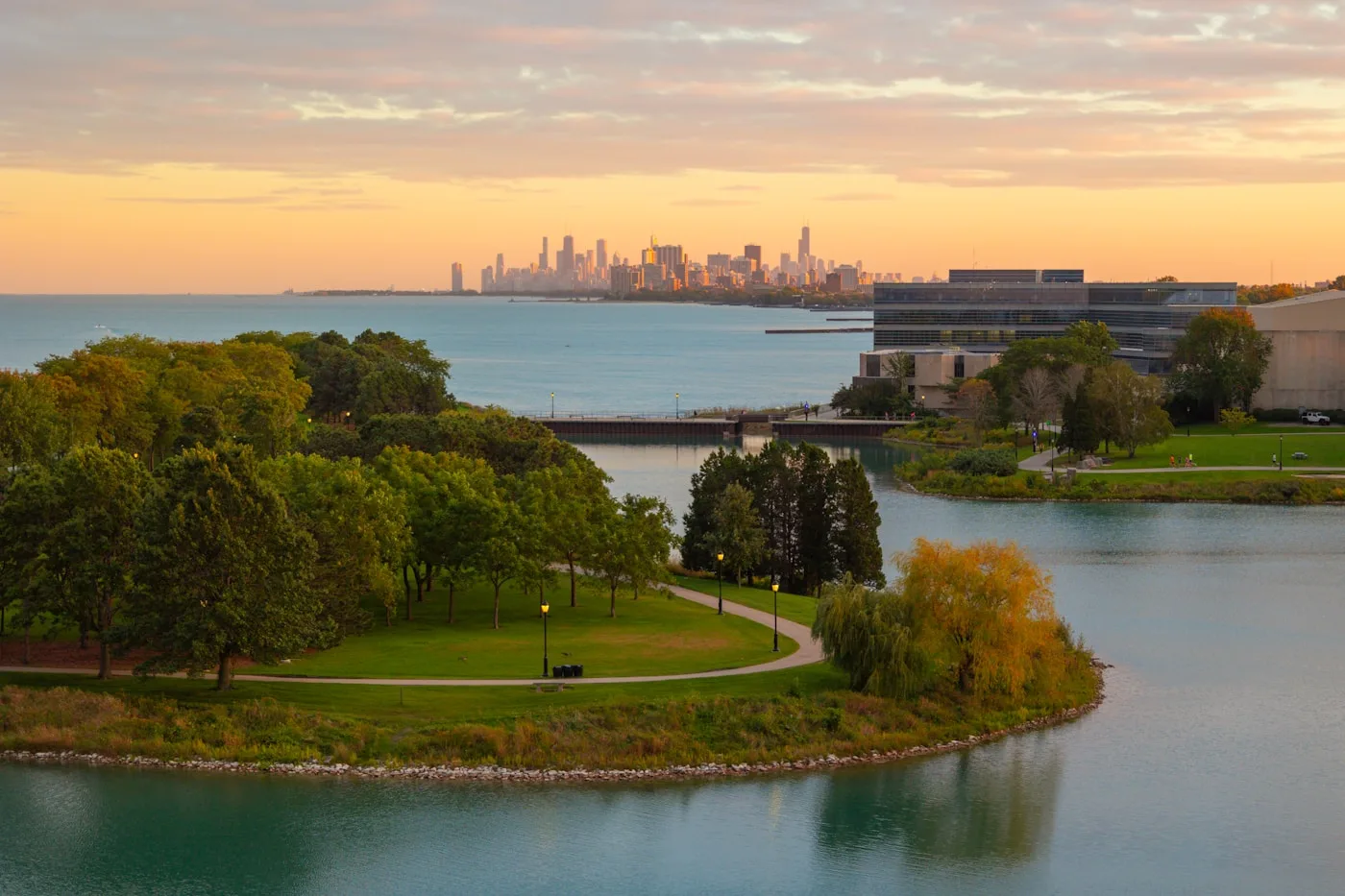 Aerial view of Madison, Wisconsin across Lake Mendota, showing the city skyline and shoreline